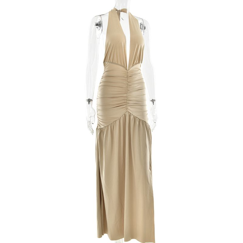 Elegantes Neckholder-Seidenkleid – rückenfreies Maxikleid mit V-Ausschnitt und Schlitz für den Abend und besondere Anlässe_voghion.com