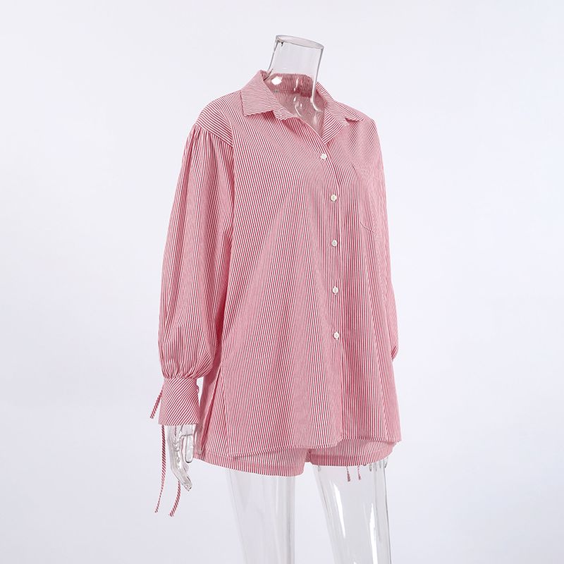 Ensemble chemise rayée en pur coton, style décontracté européen et américain, short à manches longues, ample, vêtements pour femmes, costume deux pièces, mode 2024_voghion.com