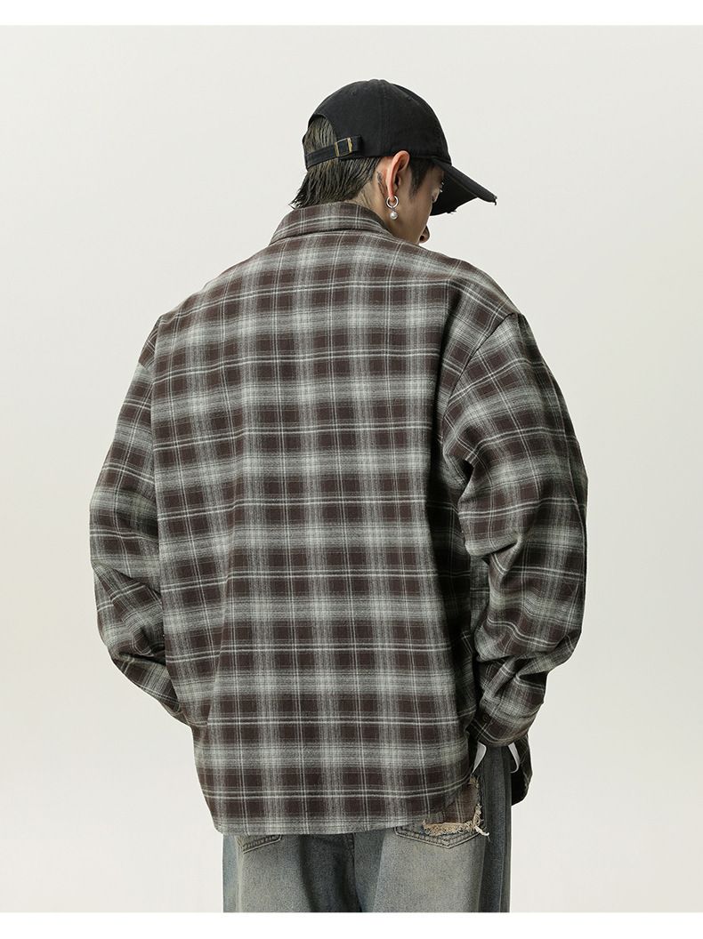 Camicia a quadri vintage – Unisex oversize a quadri, manica lunga, con bottoni (M-XXL, grigio-marrone/blu-marrone)_voghion.com