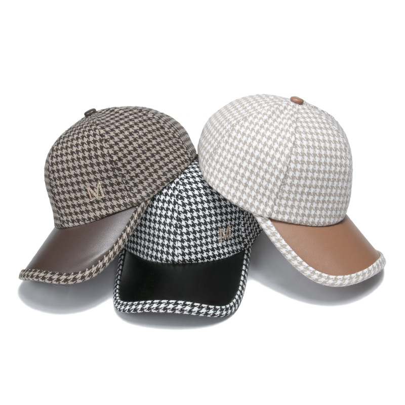 Hat Women's Houndstooth Spliced PU Leather Brim Baseball Cap Autumn and Winter Style M Label Thickened Warm Korean Internet Red Peaked Cap_voghion.com