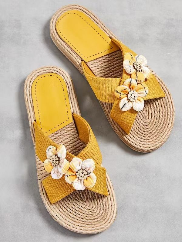 Scarpe da donna, nuove pantofole estive da donna, con una sola linea, con fondo in corda, tinta unita, tendenza moda, per interni ed esterni, con sei piccoli fiori._voghion.com