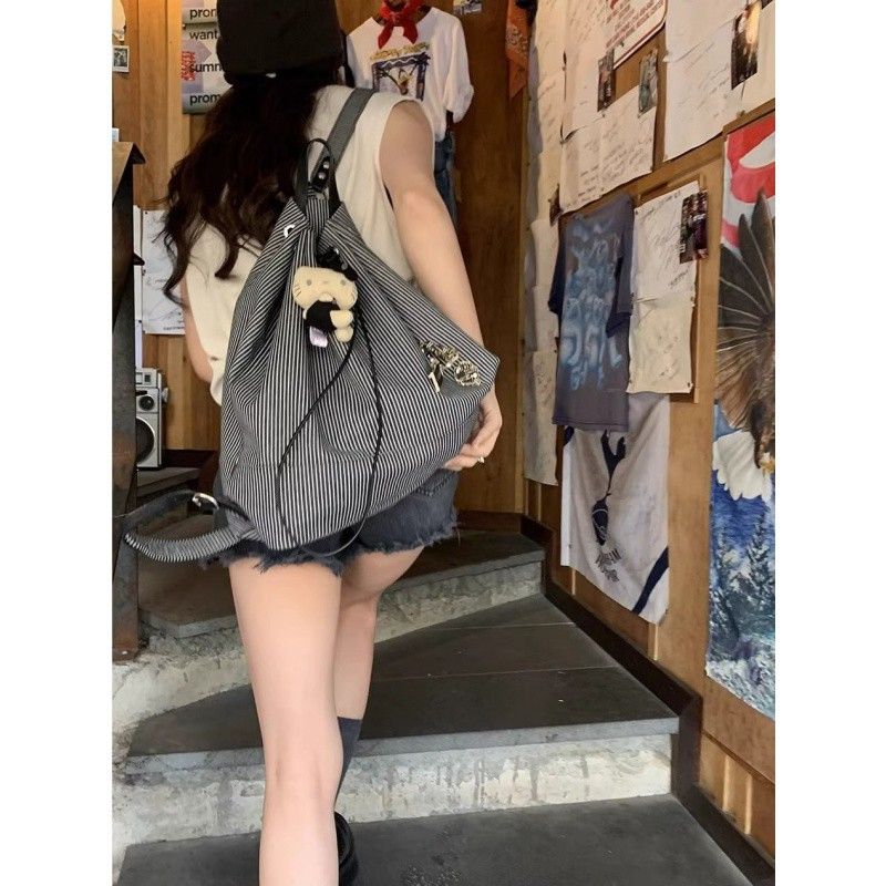 Student Casual Women's Bag 2025 New Tide Korean Striped Canvas Bag_voghion.com