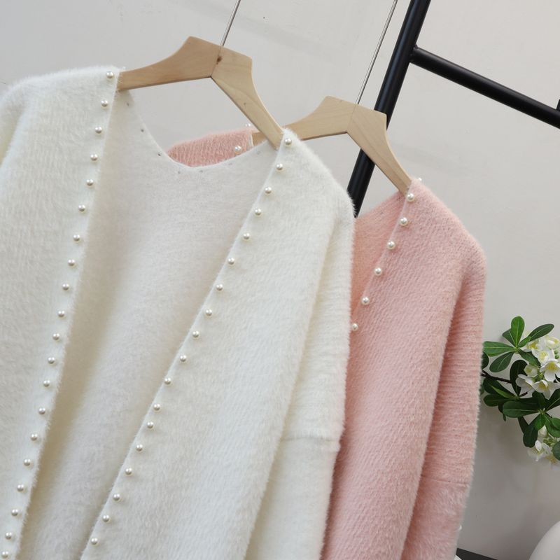 Cárdigan de punto de imitación de chinchilla con cuentas: abrigo extralargo y extragrande (poliéster afelpado, cuello en V, minimalista en blanco, rosa y negro, ideal para el trabajo y la noche)_voghion.com