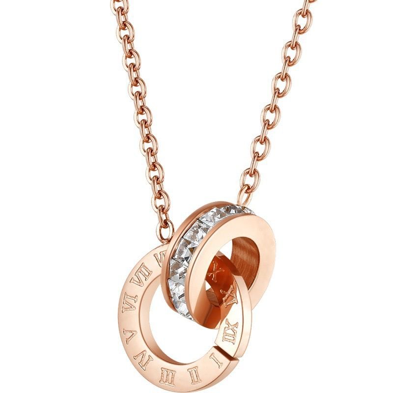 Roman Style Double Ring Inlaid Diamond Titanium Steel Necklace Non-Fading Niche Personality Light Luxury Fashion_voghion.com