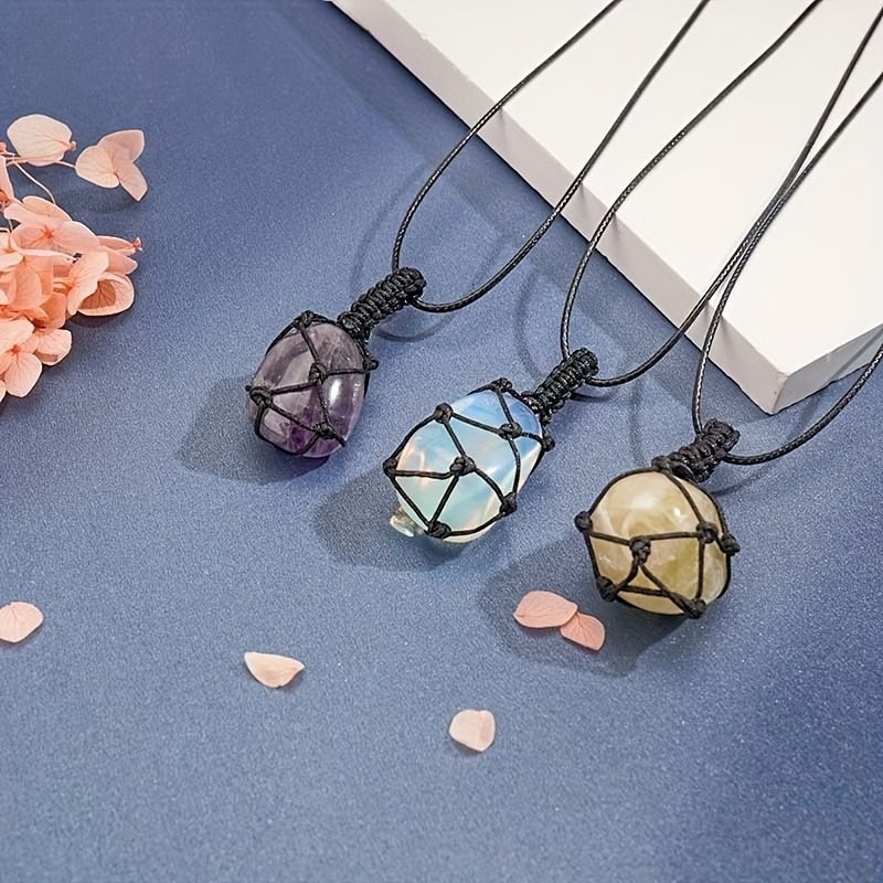 Hand-Woven Amethyst & Agate Pendant Necklace - Irregular Raw Stone Woven Net Bag Sweater Chain For Boho & Hippie Style (18")_voghion.com