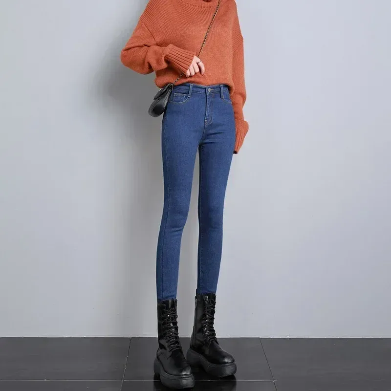 Winter Lady Thermal Plush Jeans Snow Warm Stretch Jeans Hot Sale High Waist Fleece Pants Female Straight Leg Denim Trousers_voghion.com