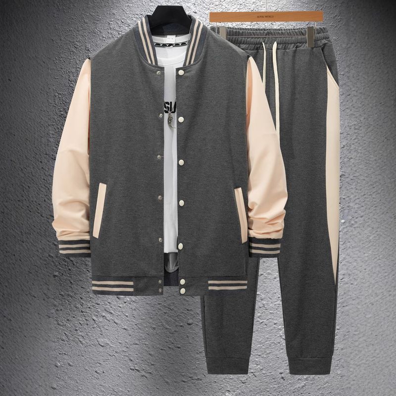 Autumn Winter New Baseball Jacket Casual Versatile Men's Cardigan Coat Color Block Sports Pants Set_voghion.com