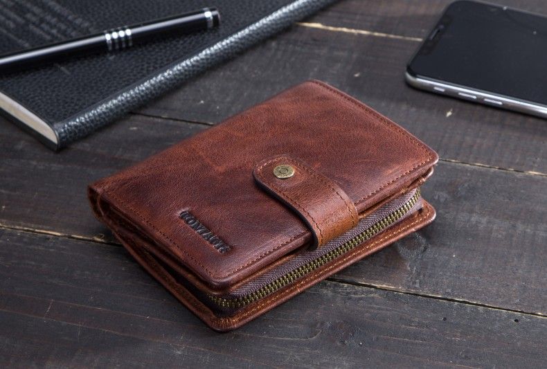 Herenportemonnee met ketting, echt leren portemonnee, RFID-blokkering, dubbelgevouwen, dubbele rits, muntvak met antidiefstalketting_voghion.com