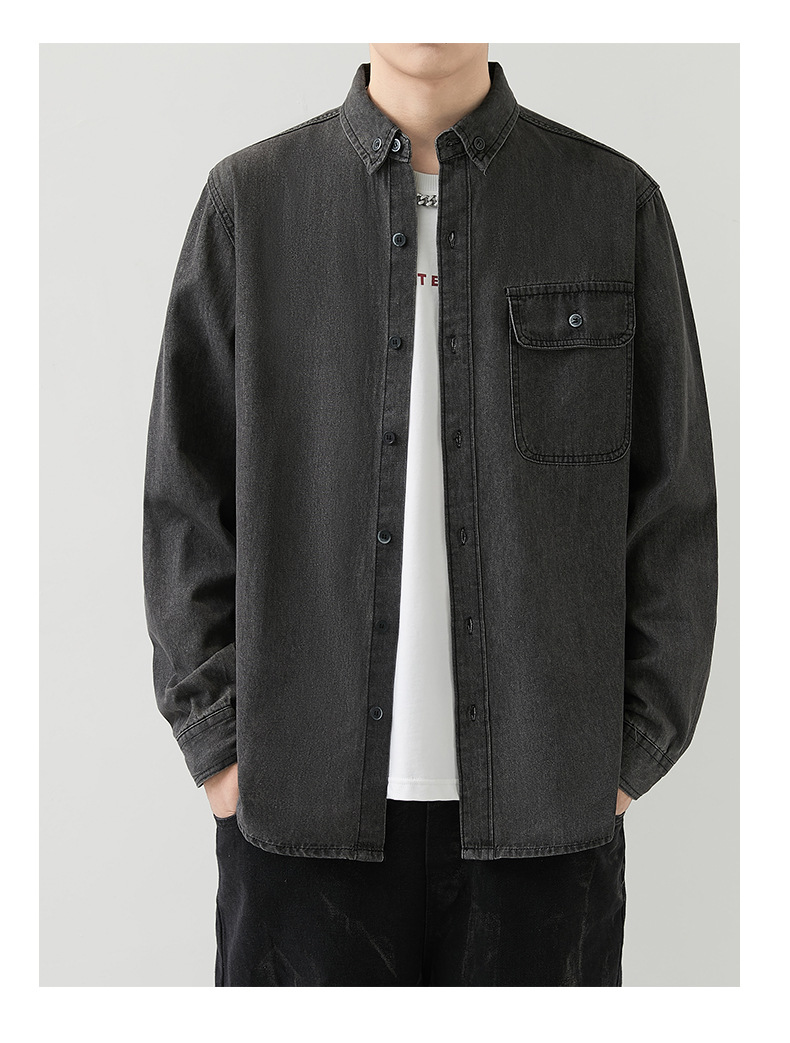 Abbigliamento da uomo, camicia a maniche lunghe in denim sottile da uomo, giacca da lavoro casual da uomo, primavera e autunno, tinta unita_voghion.com