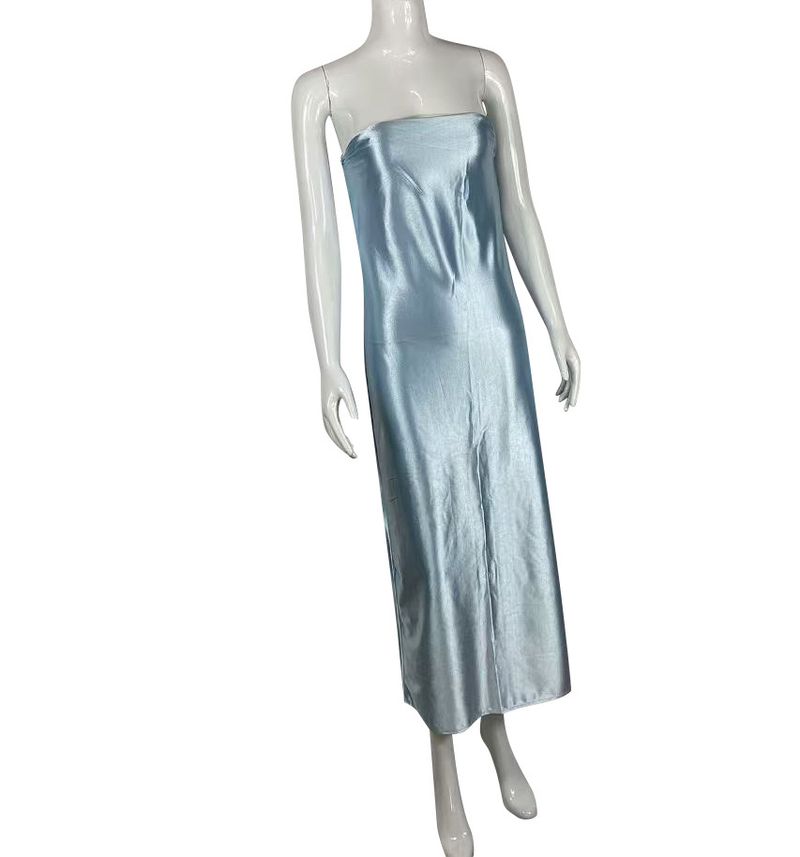 Elegante abito bustier in raso con dettagli in pizzo sul retro - Abito da sera lungo a trapezio per donna_voghion.com