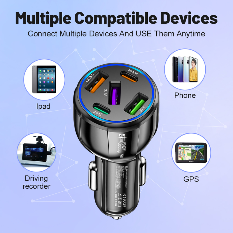 PD 75W 5 portos USB autós töltő gyorstöltő autós C-típusú telefon adapter alkalmas iPhone 14, 13, 12 Xiaomi, Huawei,_voghion.com