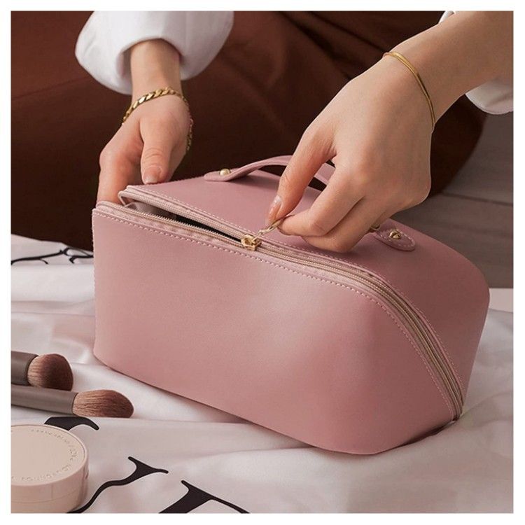 Large capacity travel makeup bag with PU leather waterproof carrying handle compartment multifunctional bag for makeup and toiletries_voghion.com