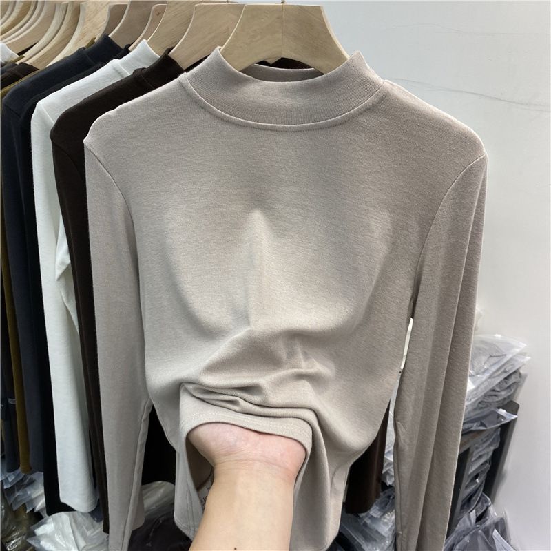 Camisa feminina de lã escovada com base alta, camiseta de algodão de manga comprida, gola meia alta versátil, outono/inverno 2025_voghion.com