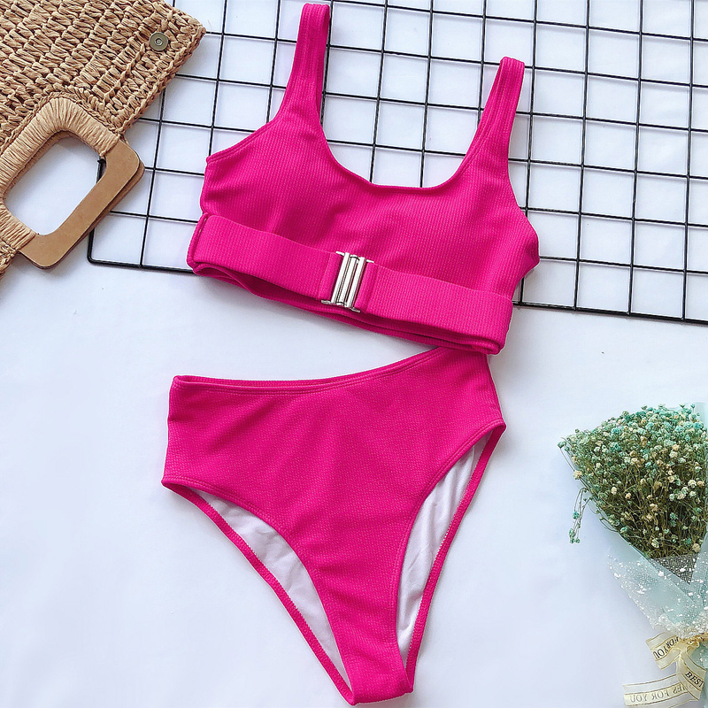 Hot Bikini Hot Sale High Waist Solid Color Bikini Pit Strip Swimsuit Split Buckle Bikini_voghion.com