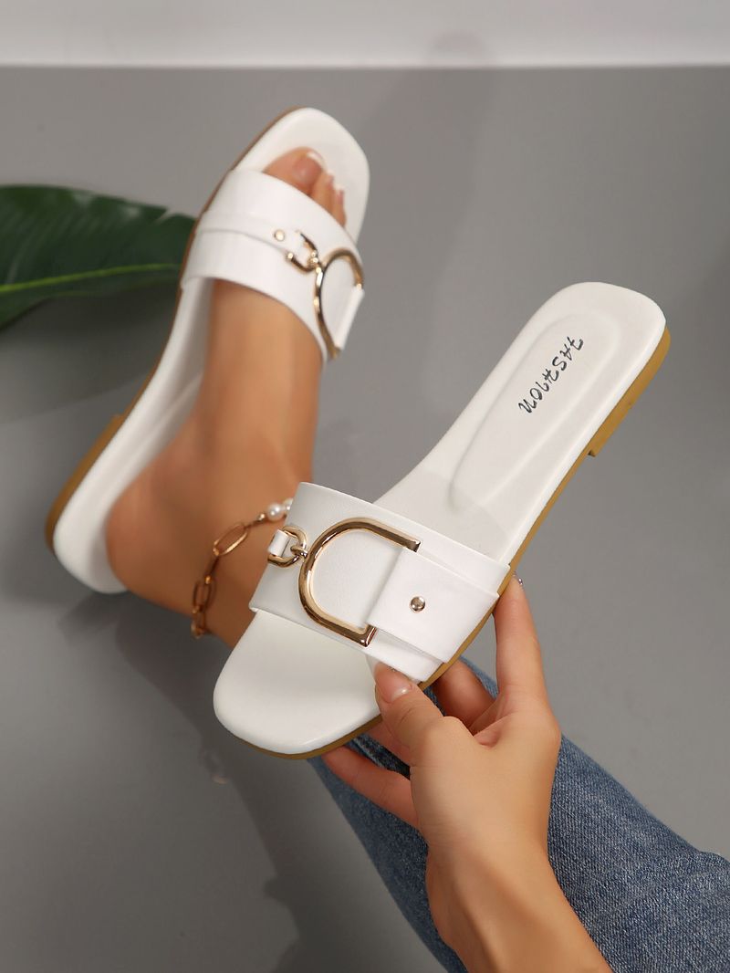 Women's Shoes Women's New Fashion Slippers Classic Temperament With Solid Color Metal Decoration Square Head Flat Sandals_voghion.com