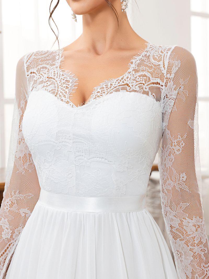 Elegantes Spitzen-Brautkleid, langes Abendkleid mit V-Ausschnitt für Bräute und formelle Anlässe_voghion.com