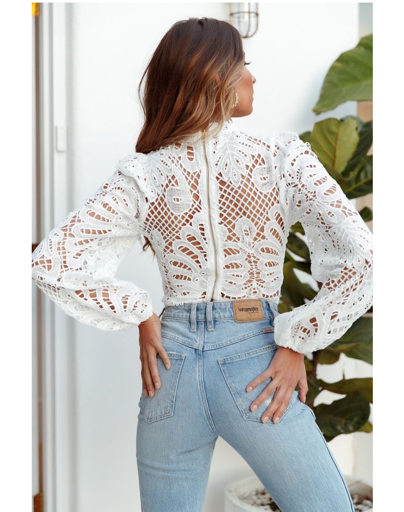 Camicetta elegante in pizzo da donna, estiva, autunnale, a sbuffo, a maniche lunghe, con cerniera posteriore, vestibilità slim, top corti vintage e camicette casual da donna_voghion.com