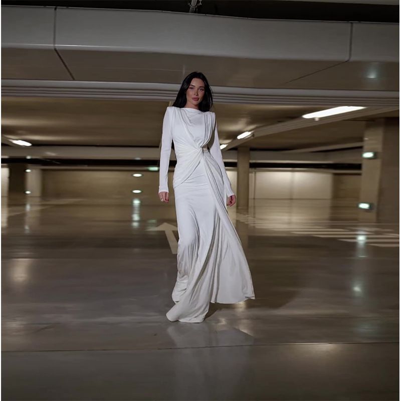 Women's Clothing Sexy Fashion Round Neck Pleated Waist Slim Fit Solid Color Temperament Dress_voghion.com