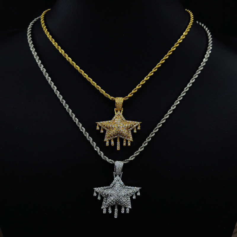 Hip Hop Full Zircon Five Point Star for Men Women's Fashion Versatile Necklace ins Style Small and Light Luxury Pendant_voghion.com