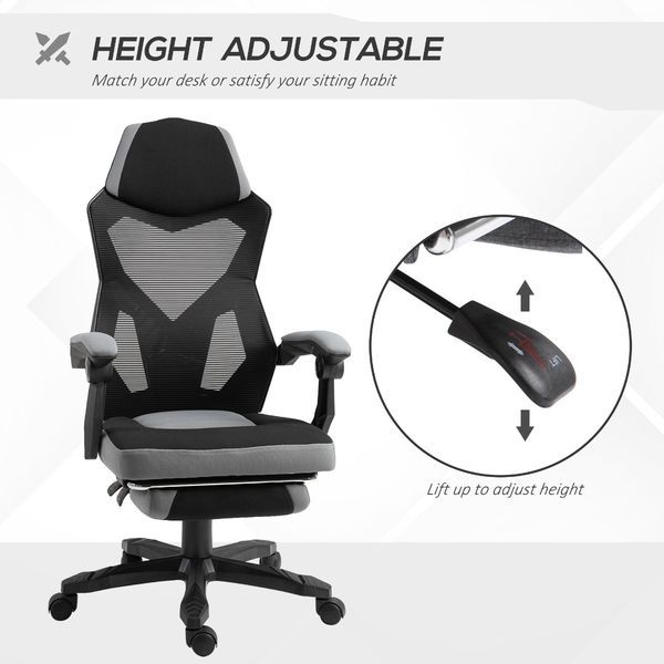 Vinsetto Ergonomic Mesh Office Chair, High Back, Grey, Adjustable Recliner With Footrest And Wheels_voghion.com