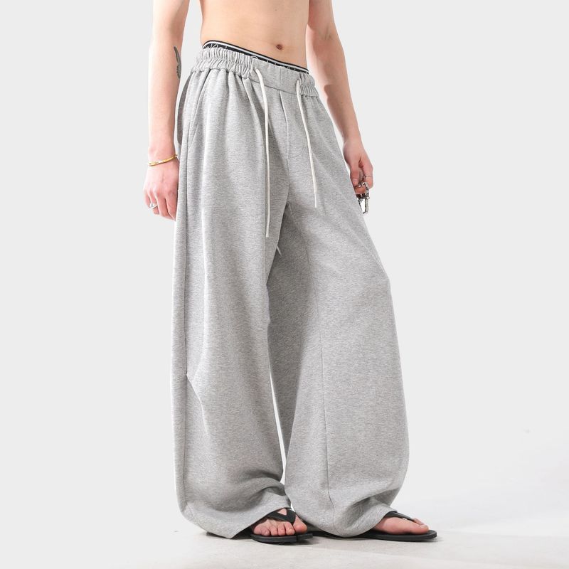 Retro Geniş Paça Eşofman Altı – Unisex Yüksek Bel, %55 Pamuk, Bağcıklı Bel, Kargo Cepler, Nefes Alabilir ve Hafif, Gri/Siyah, S-XXL_voghion.com