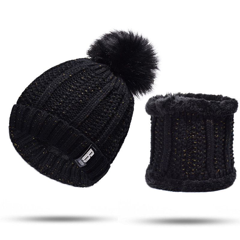 Conjunto de cachecol e gorro de lã tricotada, forrado com fleece, para outono e inverno, unissex, sucesso de vendas no comércio exterior._voghion.com