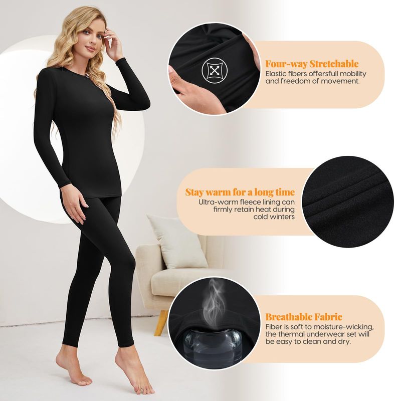 Conjunto de roupa íntima térmica feminina com forro de lã - Top e calça de camada de base para aquecimento de inverno - Macio e respirável - Preto (P/M/G/GG)_voghion.com