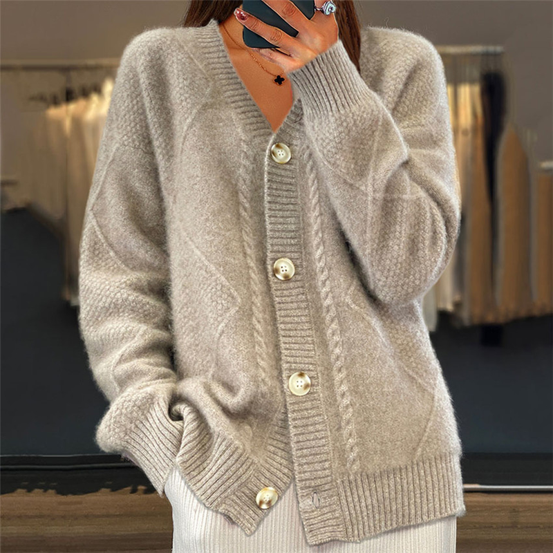 Damenbekleidung Einfarbige Langarm-Strickjacke mit V-Ausschnitt und Jacquard-Pulloverjacke für Damen_voghion.com