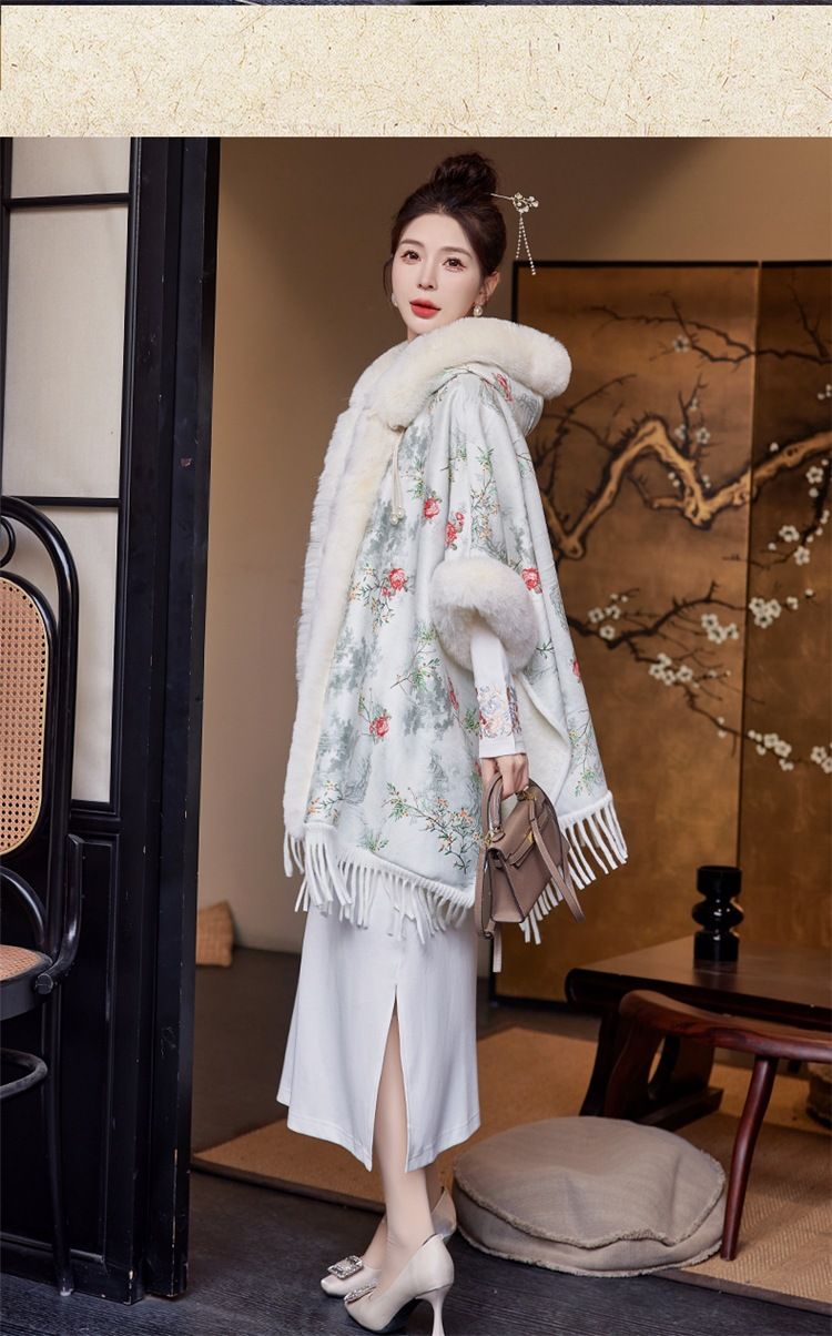Woolen collar tassel shawl with wool thickened national style cloak hooded woolen coat woman_voghion.com