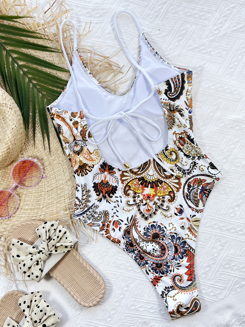 One-piece swimsuit for women V-neck printed one-piece bikini set_voghion.com