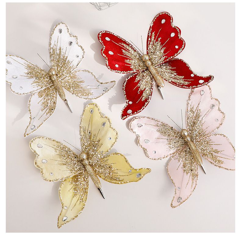 Elegant European-Style Plastic Butterfly Ornaments - Glittering Christmas Tree Decor In Gold, White, Red & Pink (20cm)_voghion.com
