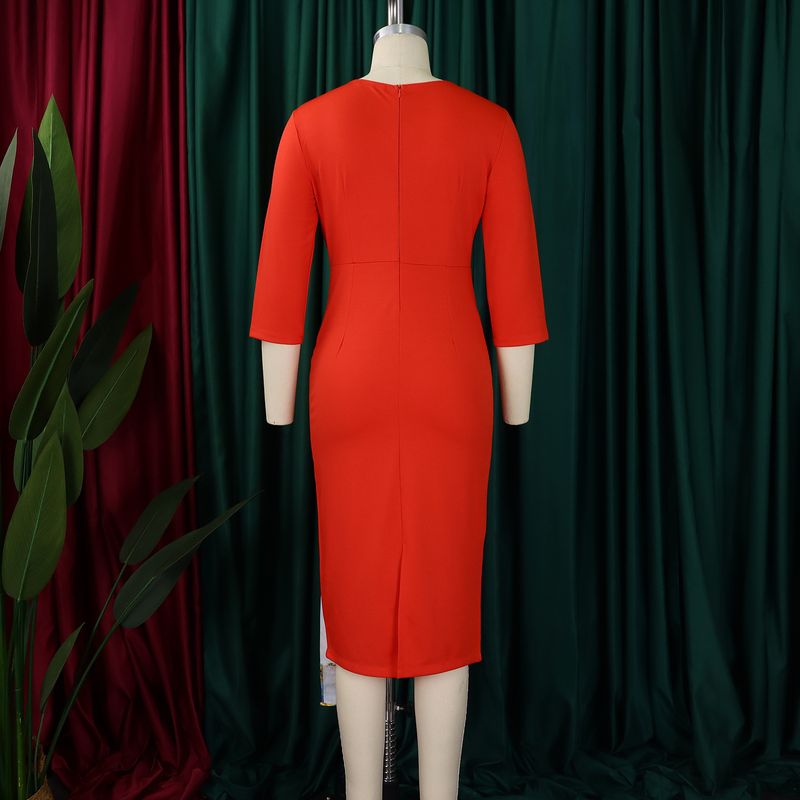 Knopf Krawatte Bedruckt D539 Plus Size Damenmode 2024 Elegantes OL Bleistiftkleid Bodycon Patchwork Atmungsaktives Kleidungskleid_voghion.com