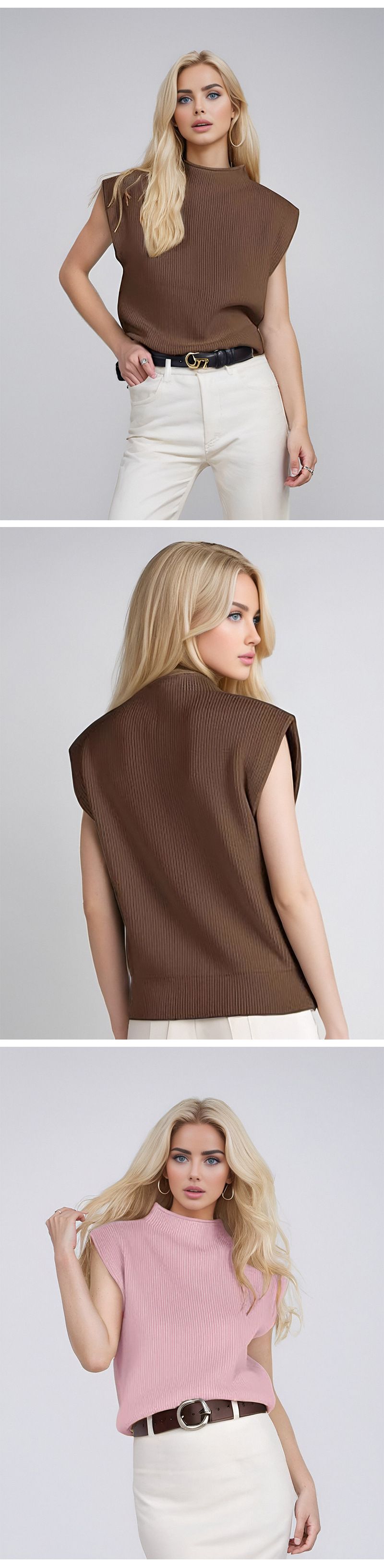 Damenbekleidung, ärmelloser Pullover mit hohem Halsausschnitt, Strickoberteil – Herbst/Winter, einfarbig, lockere Passform, lässige Pulloverweste_voghion.com