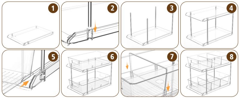 Pacote com 2 organizadores de banheiro transparentes de 2 camadas com divisórias, bandeja de bancada de vaidade multiuso, organizadores de cozinha, armários, armários e recipientes de armazenamento_voghion.com