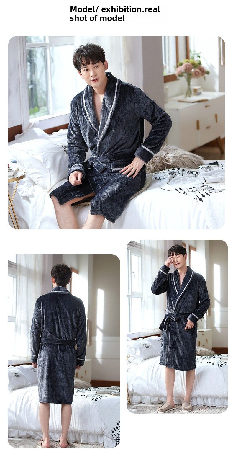 Nachtwäsche Korallensamt-Bademantel, Fleece, verdickter Flanell, Nachtwäsche, lang, Herbst/Winter, gemütlicher Thermo-Pyjama, sowohl für Männer als auch für Frauen_voghion.com