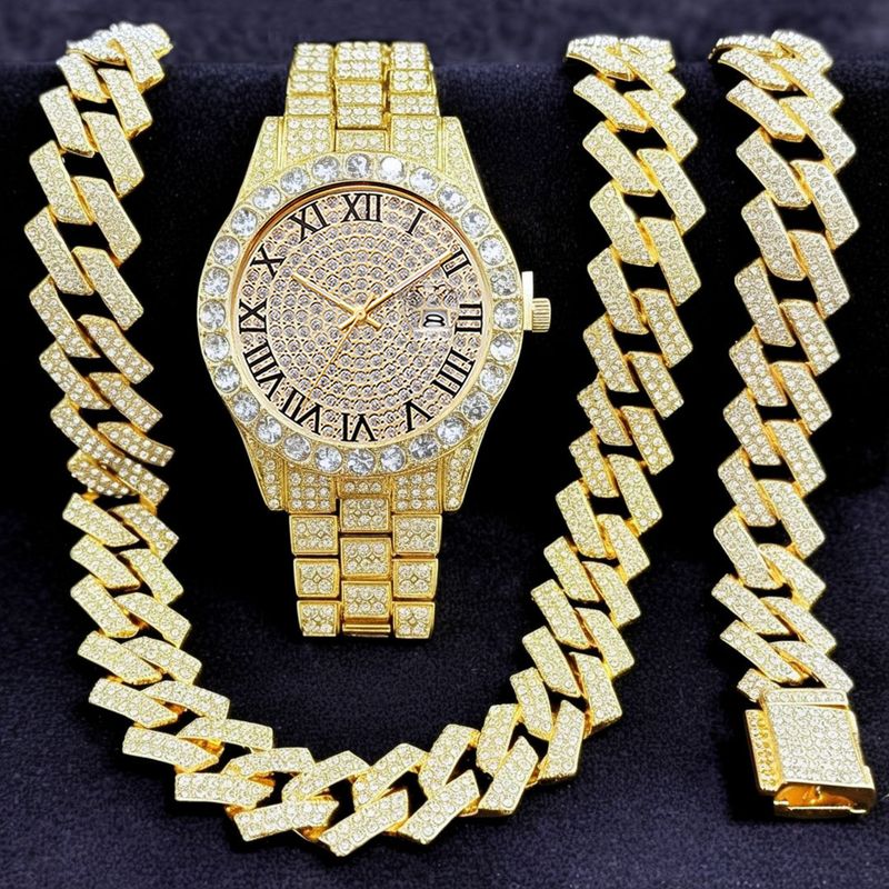 Ensemble de bijoux tendance hip-hop, montre unisexe à chaîne en or avec micro-incrustations de zircon cubain et diamants._voghion.com
