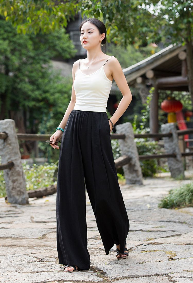 Women's Clothing Textured Linen Versatile Version Lengthen Legs Elegant and Chic Women's Skirt Pants Wide-leg Pants_voghion.com