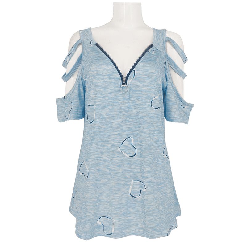 Maglietta casual ampia e stampata a maniche corte con scollo a V e cerniera da donna_voghion.com