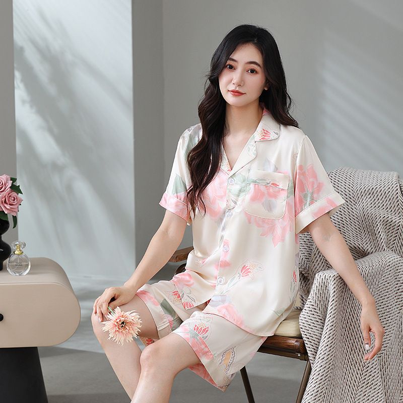 Pyjama d'été pour femme, short à manches courtes en satin glacé, sensation de soie, revers fin et frais, ensemble de vêtements d'intérieur_voghion.com