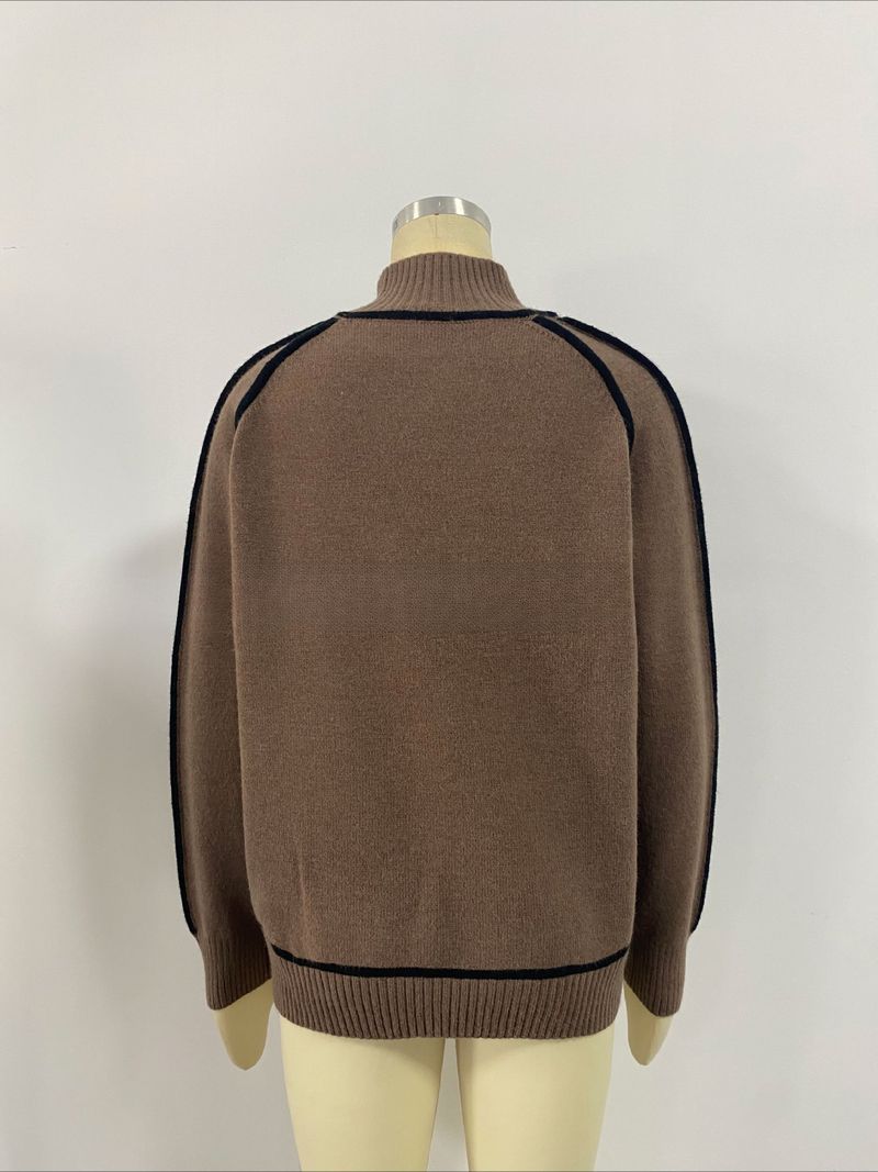 K Fashionable Women's Sweater With Half-high Collar And Raglan Sleeves, Elegant Line, Ribbed Base Knitted Top_voghion.com