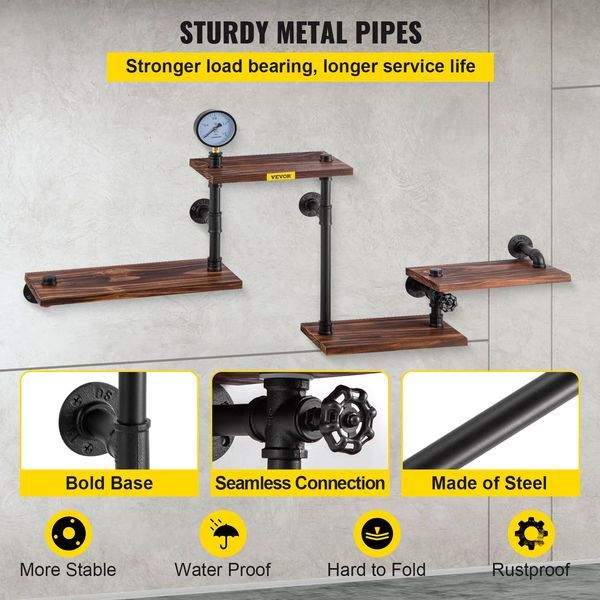 Industrial Pipe Shelving, Pipe Shelves With 4-Tier Wood Planks, Rustic Floating Shelves Wall Mounted, Wall Shelf DIY Bookshelf For Bar Kitchen Bath_voghion.com