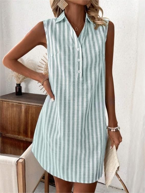 Abito camicia a righe con bottoni e scollo a V, senza maniche, minimalista, per donne alla moda e casual._voghion.com