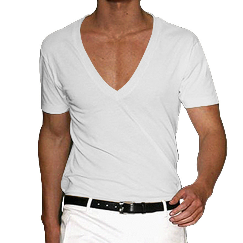 2023 V-neck Slim Fit Solid Color Casual T-shirt, Short Sleeved Men's_voghion.com