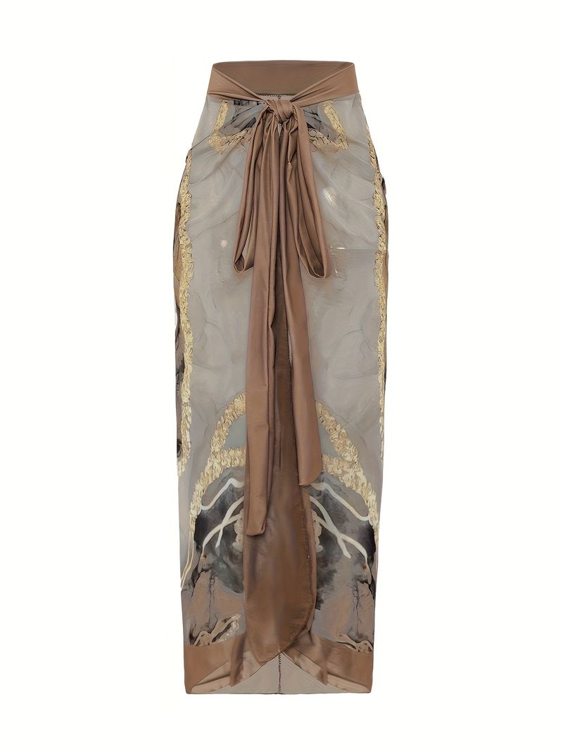 Plus Size Retro Tankini Set, Women's Plus Marble Print Tie Shoulder One Piece Swimsuit & Skirt Two Piece Bathing Suit_voghion.com