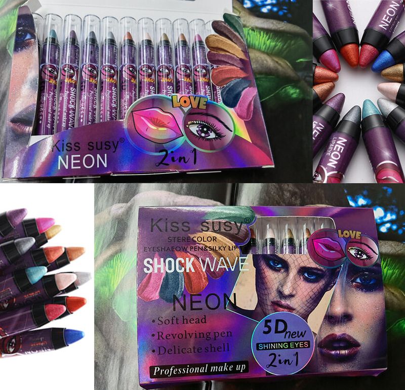 VENDITA CALDA Medona 12 colori 2 in 1 Glitter Eye Shadow Stick Shimmer Rossetto Labbro Non facile da sbavare Penna baco da seta sdraiata_voghion.com