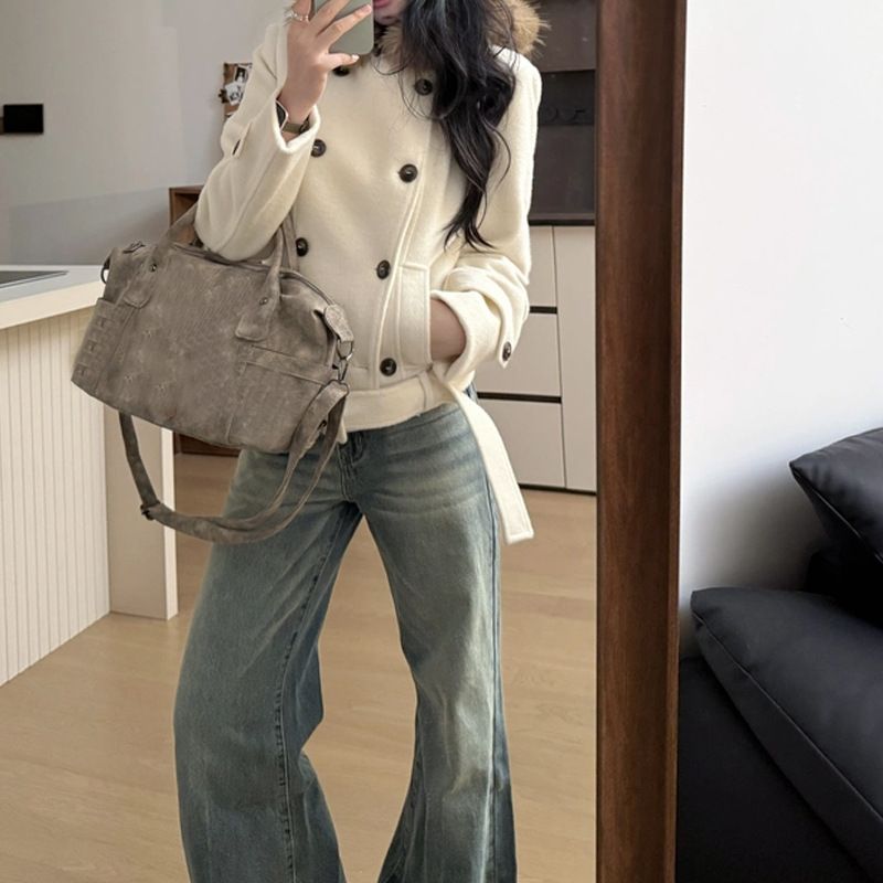 Kurzer Wollmantel mit doppelreihiger Knopfleiste, Pelzkragen und Kapuze für Damen, tailliert, dick gefüttert für Herbst und Winter, ideal für den Arbeitsweg_voghion.com