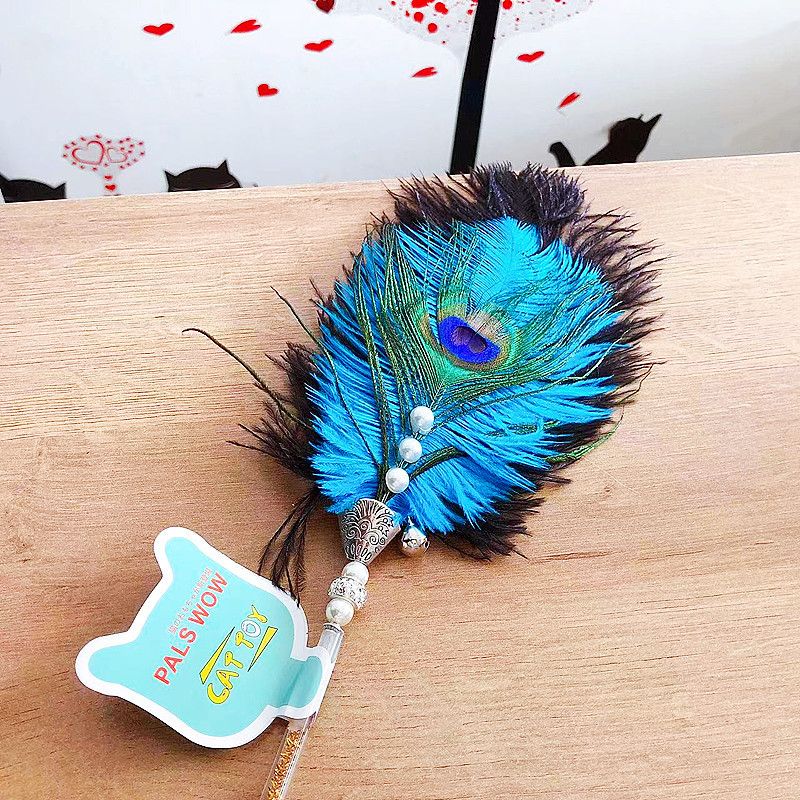 Nuevo juguete interactivo de lujo para gatos con plumas de avestruz y pavo real, varita con cascabel._voghion.com