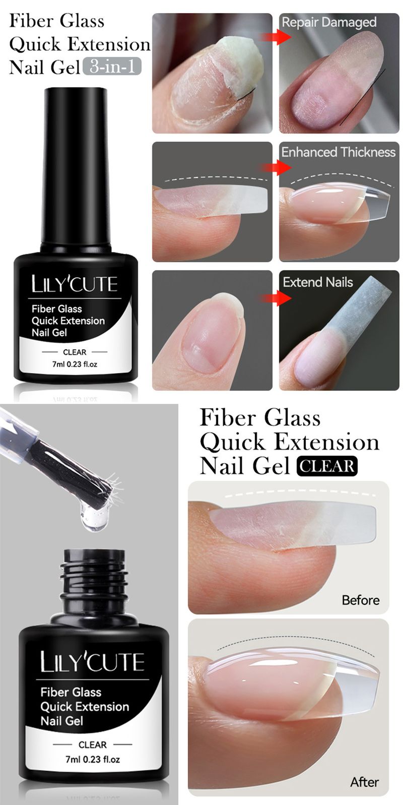 Nagelfaser-Verlängerungsflüssigkeit mit Glasfaserfaden – papierloser UV-Gel-Extender | No-Form-Nagelverlängerungsset für starke und flexible Nägel_voghion.com