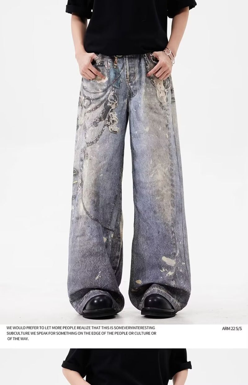 Erkek Giyim Retro Eski Atık Tarzı 3D Baskılı Vintage Eskitilmiş Baskılı Zincir Düz Paça Kot Pantolon - Rahat Kesim, Konforlu ve Şık_voghion.com