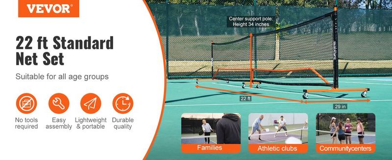 VEVOR Pickleball Net Set, 22FT Regulation Size Portable Pickleball System With Bags, Balls, Paddles, Wheels, And Court Lines, Weather Resistant Metal Frame & PE Net, For Outdoor Backyard Driveway_voghion.com